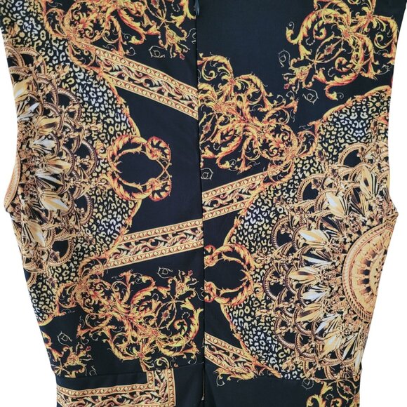 Banjul Sleeveless Baroque Print Ruched Dress Womens Size L Black Gold Party - Picture 6 of 8